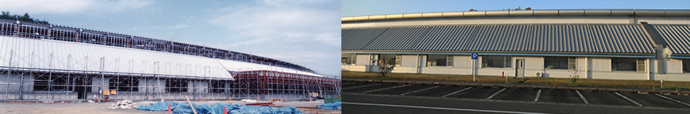 Spring8蓄積リング棟外観 左側は建設中の写真　右側は完成時の写真
