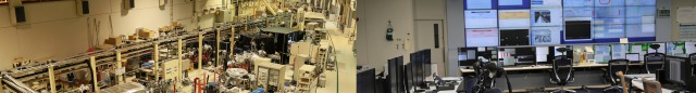 左側；蓄積リング棟実験ホールの写真　右側：中央制御室の写真