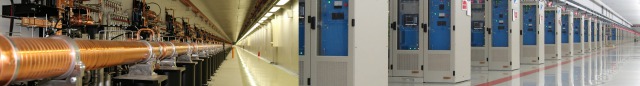 X線自由電子レーザー（XFEL）施設　左画は加速器の写真　右側はクライストロンギャラリーの写真