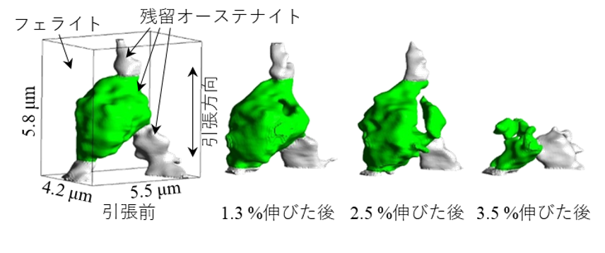 図2　個々の残留オーステナイトの変態挙動の3D連続観察結果画像。