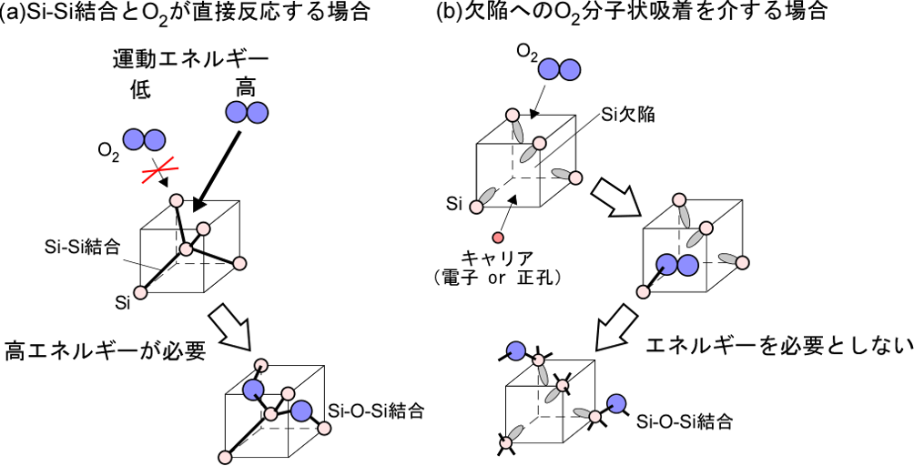 図１. SiO2/Si界面におけるO2の反応過程の模式図