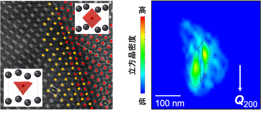 図1 走査透過電子顕微鏡で観察した正方晶相と立方晶相の接合界面図（左）と、ブラッグコヒーレントX線回折イメージングで明らかにした1つの粒子の中の立方晶相の分布図（右）。