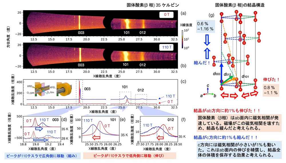 図2 110テスラにおける固体酸素のX線回折実験データ、および、判明した110テスラにおける固体酸素結晶の変形の様子